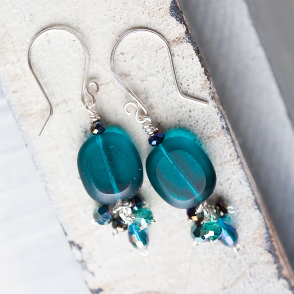 Teal Blue Glass Silver Earrings NWT